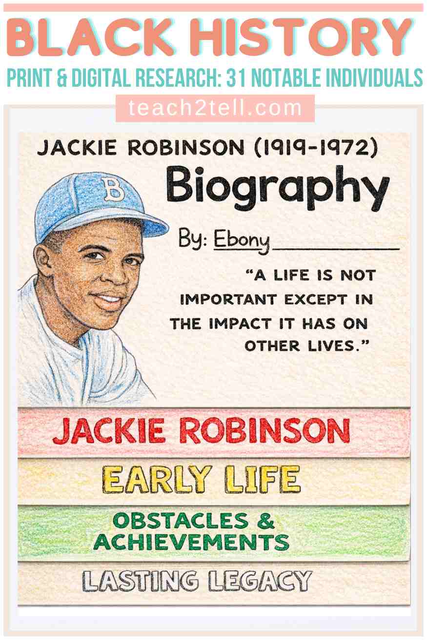 Black History Month activities for elementary students featuring a Jackie Robinson biography flipbook with early life, obstacles, achievements, and legacy sections