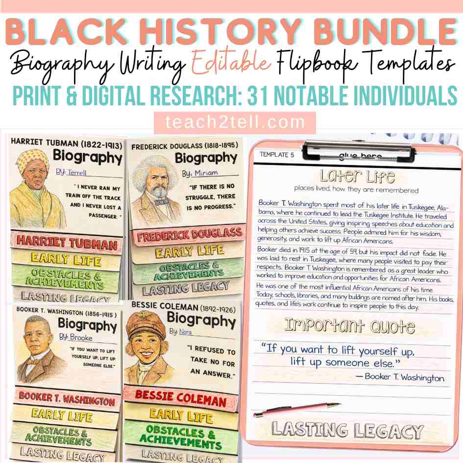 Black History Month activities for elementary students featuring a biography flipbooks bundle with research and writing templates for notable Black figures