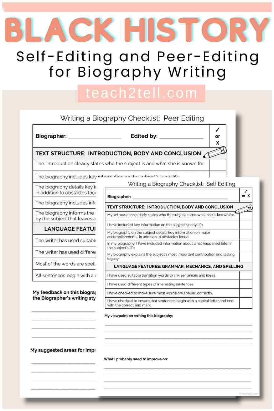 Biography Writing Template: A Black History Month Activity 14 Self-editing and peer-editing checklists for biography writing used in a Black History Month biography writing template.