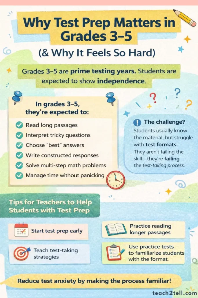 Why Test Prep Matters in Grades 3–5 infographic with student expectations and test prep strategies for elementary classrooms