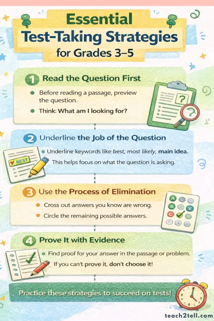 Essential test-taking strategies for Grades 3–5 infographic showing steps for standardized test prep in elementary classrooms