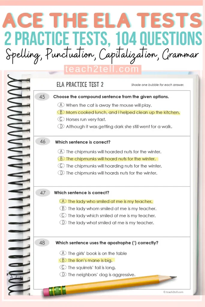 ELA practice tests for Grades 3–5 featuring spelling, grammar, and punctuation for standardized test prep