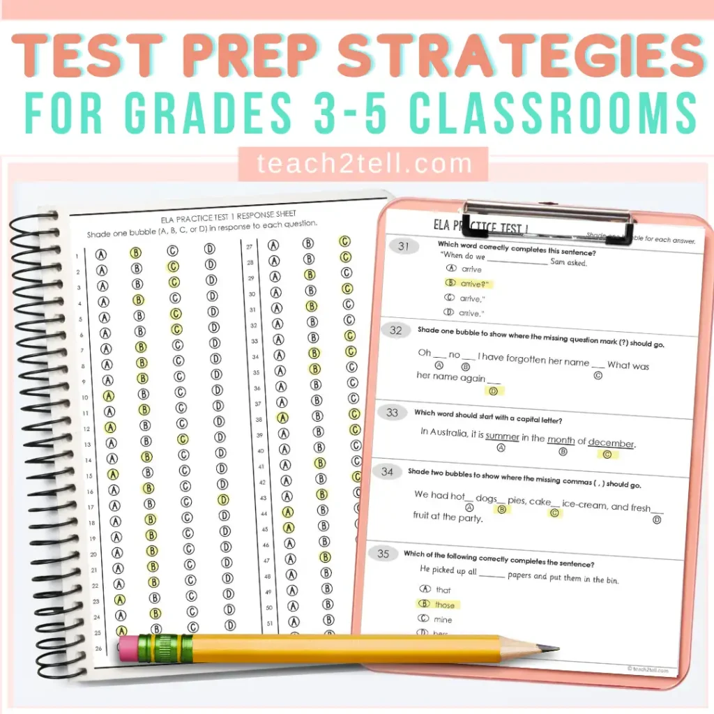 Test Prep Strategies for Grades 3–5 classrooms featuring ELA practice tests and multiple-choice answer sheets