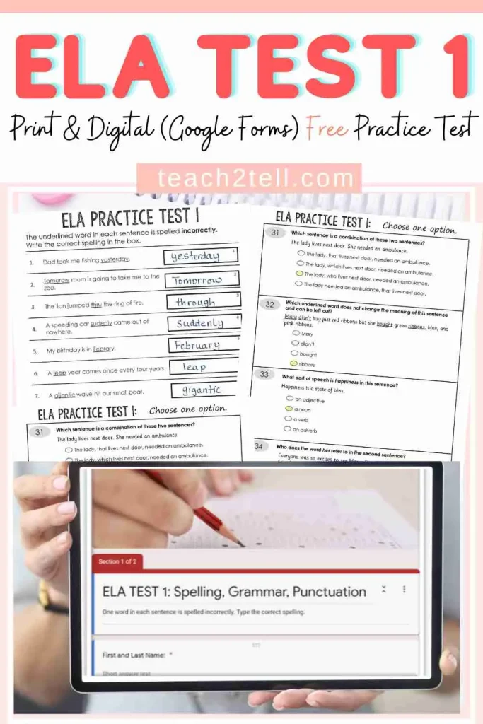 Free ELA practice test for Grades 3–5 featuring print and digital test prep for spelling, grammar, and punctuation