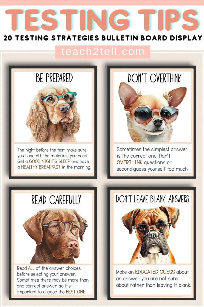Test taking tips posters for Grades 3–5 featuring motivational testing strategies for elementary students